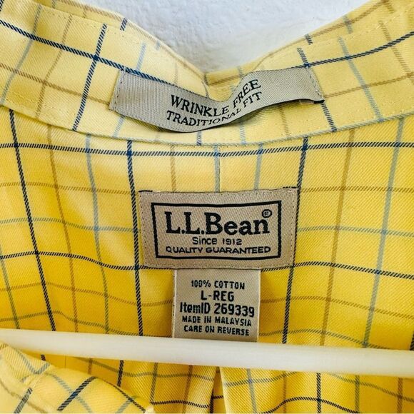 LL Bean Yellow Blue Plaid Short Sleeve Button Wrinkle Free Shirt Men’s Size L - Picture 2 of 3